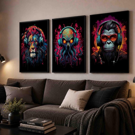 Gaming Animal Wall Art Set of 3, Lion Octopus Gorilla Posters, Neon Gamer Room Decor, Headphone Animal Prints, Man Cave Wall Art