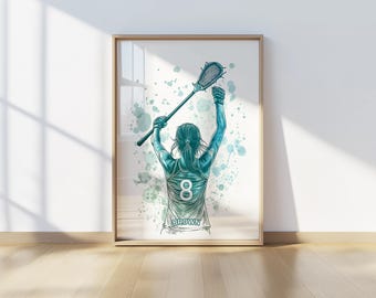 May include: A watercolor illustration of a lacrosse player in a teal jersey with the number 8 and the name "BROWN" on the back. The player is holding a lacrosse stick with a teal net and is in a dynamic pose.