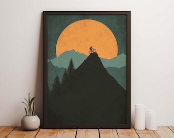Mountain Biking Sunset Poster, Outdoor Adventure Wall Decor, MTB Rider Landscape, Nature Lover Gift, Forest Trail Aesthetic