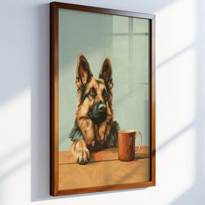ジャーマンシェパードのコーヒープリント、犬好きのウォールアート、素朴なキッチンポスター、居心地の良いカフェのインテリア、面白いペットのイラスト、すぐにダウンロードできます