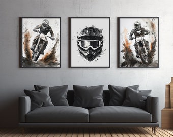 May include: Three framed black and white watercolor illustrations of a motocross rider, a helmet, and a motocross rider in mid-air. The illustrations are set against a white background with splashes of brown and orange paint.
