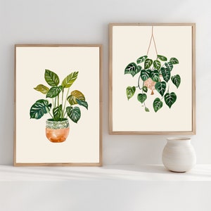 Puede incluir: Dos ilustraciones de acuarela enmarcadas de plantas en maceta. La imagen de la izquierda muestra una planta verde con hojas grandes en una maceta marrón con un patrón geométrico. La imagen de la derecha muestra una planta colgante con hojas verdes y venas blancas en una maceta marrón.