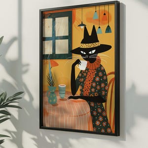 Black Cat Coffee Art Print: Retro Kitchen Cafe Decor (Digital Download)