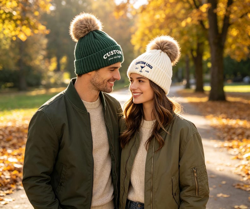 May include: A dark green ribbed knit beanie with a brown faux fur pom-pom and white text reading CUSTOM, and a cream ribbed knit beanie with a brown faux fur pom-pom and blue text reading CUSTOM LOGO with a small martini glass icon.