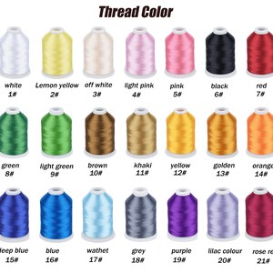 May include: A chart showing 21 different colors of thread spools. The colors are labeled with their names and numbers. The colors include white, lemon yellow, off white, light pink, pink, black, red, green, light green, brown, khaki, yellow, golden, orange, deep blue, blue, wathet, grey, purple, lilac colour, and rose red.