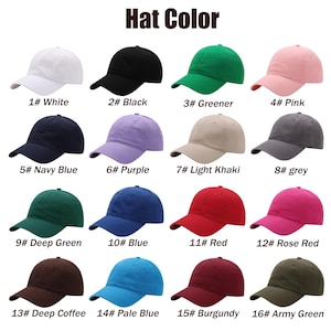 K&ouml;nnte beinhalten: Eine Tabelle mit 16 verschiedenen Farben von Baseballkappen. Die Farben umfassen Wei&szlig;, Schwarz, Gr&uuml;n, Rosa, Marineblau, Lila, Hellkhaki, Grau, Dunkelgr&uuml;n, Blau, Rot, Rosarot, Dunkelbraun, Hellblau, Burgunderrot und Armeegr&uuml;n.