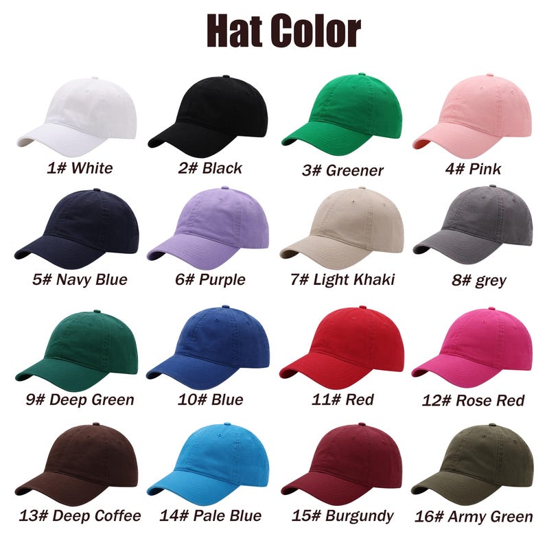 K&ouml;nnte beinhalten: Eine Tabelle mit 16 verschiedenen Farben von Baseballkappen. Die Farben umfassen Wei&szlig;, Schwarz, Gr&uuml;n, Rosa, Marineblau, Lila, Hellkhaki, Grau, Dunkelgr&uuml;n, Blau, Rot, Rosarot, Dunkelbraun, Hellblau, Burgunderrot und Armeegr&uuml;n.