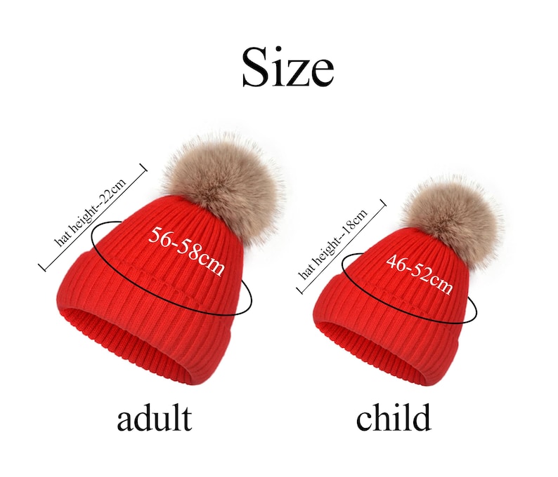 May include: Two red knit beanies with beige faux fur pom-poms. The adult beanie has a height of 22 cm and a circumference of 56-58 cm. The child beanie has a height of 18 cm and a circumference of 46-52 cm. The text Size, adult, and child is visible.