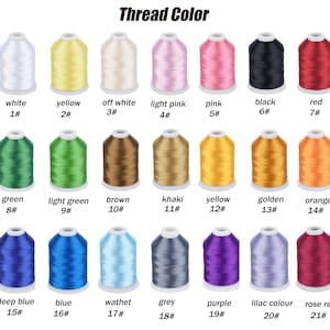May include: A thread colour chart featuring spools of thread in various shades. The colours are labelled with names and numbers, including white, yellow, off-white, light pink, pink, black, red, green, light green, brown, khaki, yellow, golden, orange, deep blue, blue, wathet, grey, purple, lilac, and rose red.