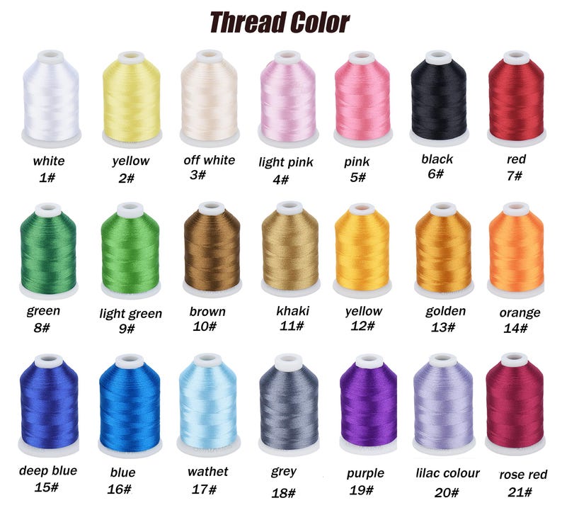 May include: A thread colour chart featuring spools of thread in various shades. The colours are labelled with names and numbers, including white, yellow, off-white, light pink, pink, black, red, green, light green, brown, khaki, yellow, golden, orange, deep blue, blue, wathet, grey, purple, lilac, and rose red.