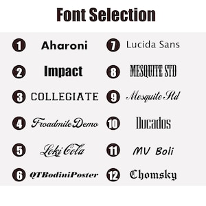 May include: A font selection chart featuring the title Font Selection and a numbered list from 1 to 12. The list includes the following typeface names: Aharoni, Impact, COLLEGIATE, Froadmile Demo, Loki Cola, QTBodiniPoster, Lucida Sans, MESQUITE STD, Mesquite Std, Ducados, MV Boli, and Chomsky.