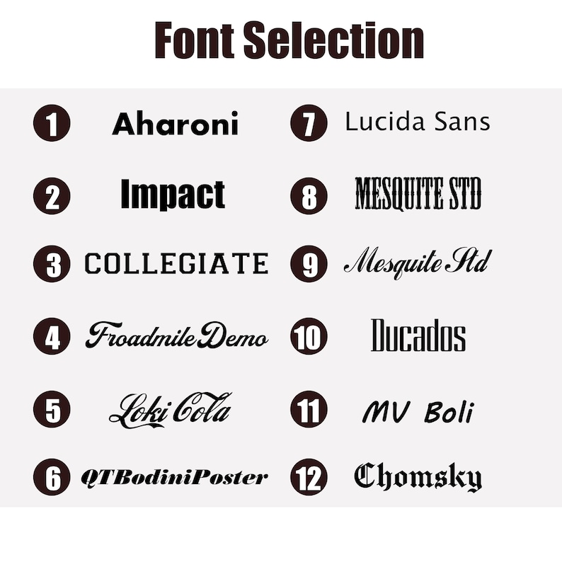 May include: A font selection chart featuring the title Font Selection and a numbered list from 1 to 12. The list includes the following typeface names: Aharoni, Impact, COLLEGIATE, Froadmile Demo, Loki Cola, QTBodiniPoster, Lucida Sans, MESQUITE STD, Mesquite Std, Ducados, MV Boli, and Chomsky.
