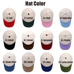 May include: Twelve baseball caps with different colored brims and buttons are displayed. The caps have a cream-colored crown. The brims are red, green, pink, light blue, black, brown, burgundy, purple, denim blue, khaki, blue, and army green. The text "Hat Color" is at the top.