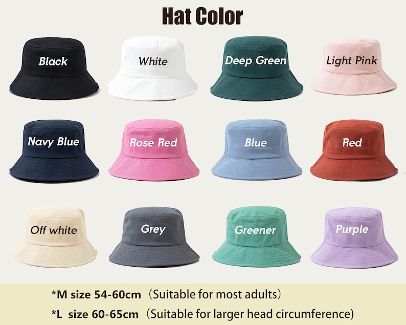 May include: A selection of bucket hats in colours such as black, white, and navy blue. Each hat features a rounded crown and a downward-sloping brim. The text "Hat Color" is at the top. Sizes are available for head circumferences of 54-60cm and 60-65cm.