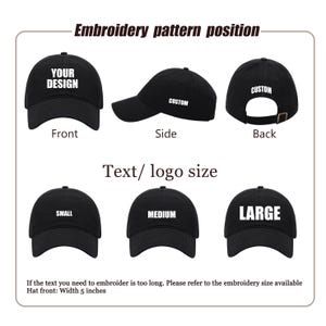 May include: Black baseball caps with text and logo placement options. The image shows front, side, and back views, with text examples like "YOUR DESIGN" and "CUSTOM." Text/logo size options include "SMALL," "MEDIUM," and "LARGE." Hat front width is 5 inches.