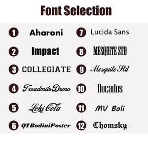 May include: A chart with 12 different font styles, each with a number and name. The font styles include Aharoni, Impact, Collegiate, Froadmile Demo, Loki Cola, QTBodini Poster, Lucida Sans, MESQUITE STD, Mesquite Std, Ducados, MV Boli, and Chomsky.