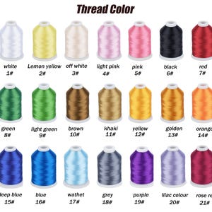 May include: A selection of 21 thread spools in a range of colours, such as white, yellow, pink, black, and red. Each spool is labelled with a colour name and number, suitable for embroidery or sewing.