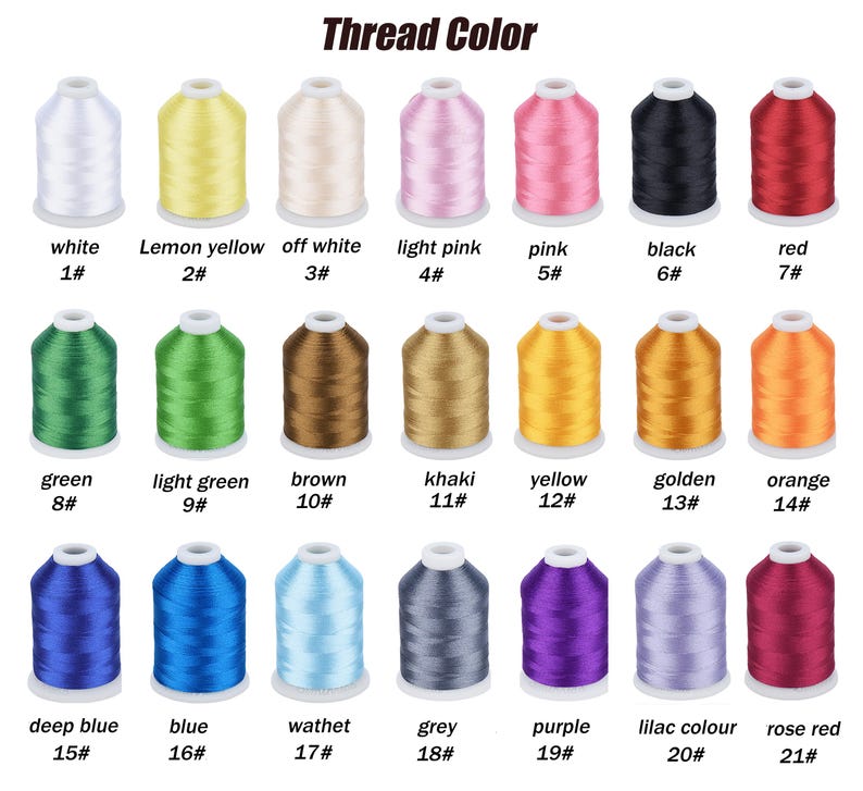 May include: A selection of 21 thread spools in a range of colours, such as white, yellow, pink, black, and red. Each spool is labelled with a colour name and number, suitable for embroidery or sewing.