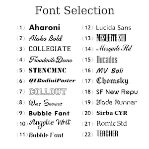 May include: A white graphic titled "Font Selection" displaying 22 different font styles. Each font is numbered and shown in its unique design, including Aharoni, Alako Bold, Collegiate, and more.