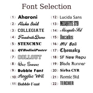 May include: A white background displays a "Font Selection" title above a list of 22 font names. Each font is numbered and shown in its respective style, including "Aharoni," "Alako Bold," and "Collegiate."