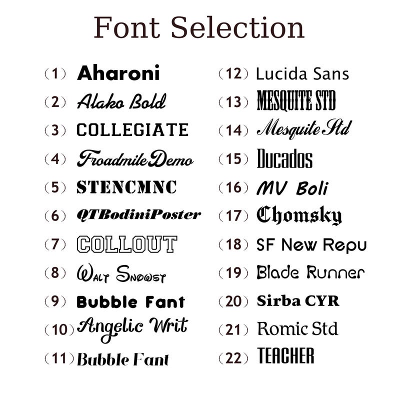 May include: A white background displays a "Font Selection" title above a list of 22 font names. Each font is numbered and shown in its respective style, including "Aharoni," "Alako Bold," and "Collegiate."