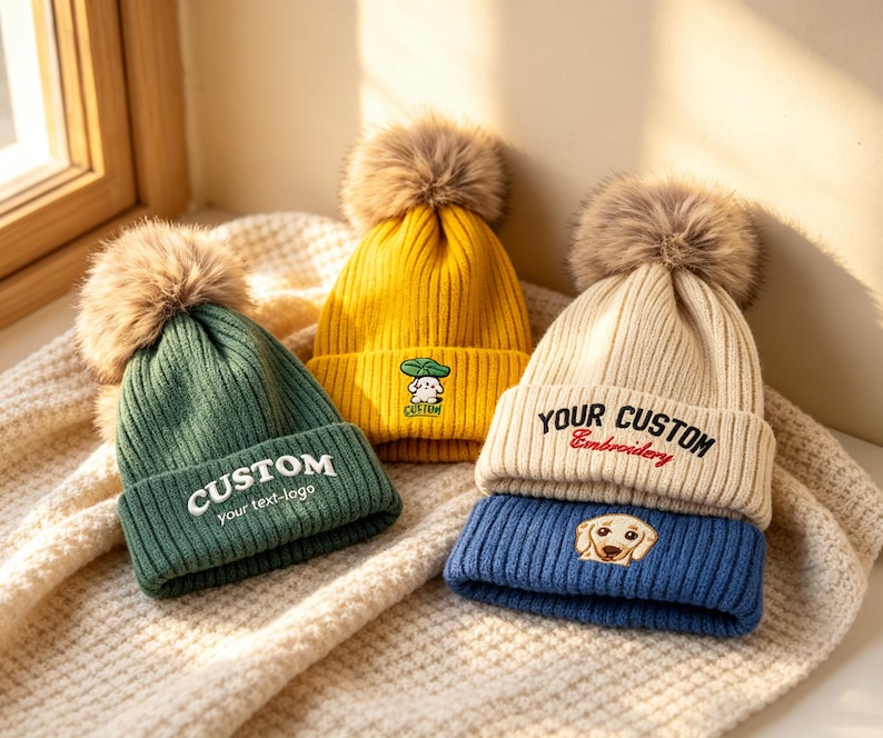 May include: Four ribbed knit beanies with faux fur pom-poms in green, yellow, cream, and blue. The green beanie features the text CUSTOM your text-logo. The yellow one has a small dog graphic. The cream one says YOUR CUSTOM Embroidery.
