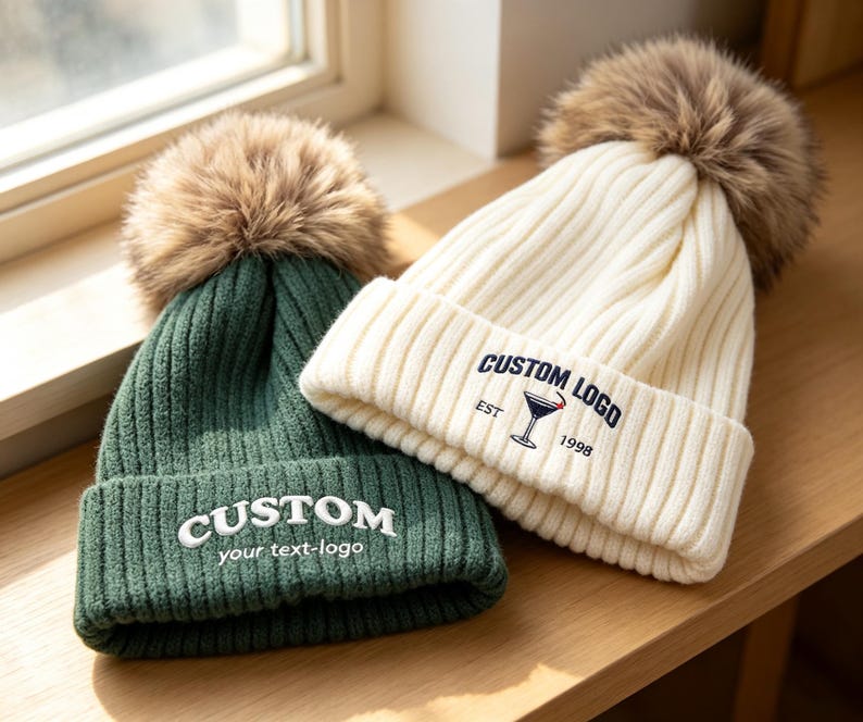 May include: A dark green ribbed knit beanie with a brown faux fur pom-pom and white embroidered text reading CUSTOM your text-logo, alongside a cream ribbed knit beanie with a brown faux fur pom-pom and navy text reading CUSTOM LOGO EST 1998.