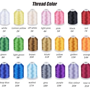 May include: A collection of 21 spools of thread in various colors, including white, yellow, pink, black, and red. Each spool is labeled with a color name and a number, such as "white 1#" and "red 7#". The text "Thread Color" is at the top.