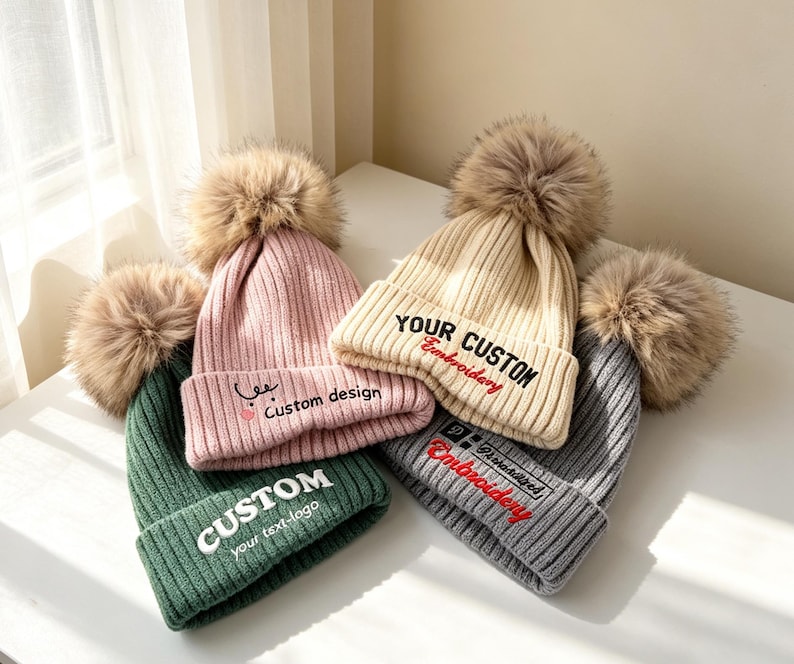 May include: Four ribbed knit beanies with large faux fur pom-poms in green, pink, beige, and gray. The green beanie features white text reading CUSTOM your text-logo. The pink one has a small graphic and text reading Custom design. The beige and gray beanies feature embroidered text reading YOUR CUSTOM Embroidery.
