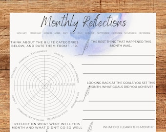 Monthly Reflections/Monthly Review Digital File, Printable Worksheet, Self Improvement/Development, Growth Mindset, Journaling, Diary, PDF