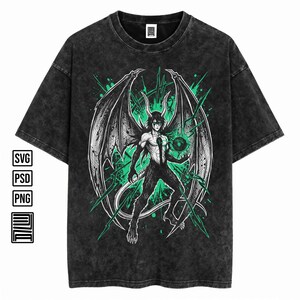May include: Dark gray t-shirt featuring a detailed graphic of a winged character with green accents. The design includes a figure with horns, wings, and a glowing orb, set against a backdrop of green energy bursts. The shirt has a vintage, stone-washed look.