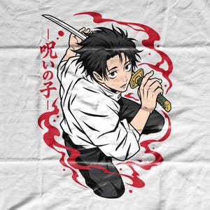 May include: A white t-shirt featuring a graphic illustration of a dark-haired character in a white shirt and black pants, holding a katana sword. Red swirling smoke surrounds the figure, with Japanese text reading 呪いの子 printed vertically.