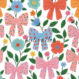 May include: A repeating pattern of bows and flowers in a whimsical design. The bows are in shades of pink, orange, and blue, some with polka dots and hearts. The flowers are in various colors, including blue, orange, and yellow, set against a white background.