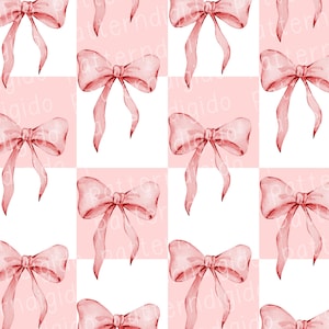 May include: A seamless pattern featuring pink watercolor bows on a pink and white checkered background.