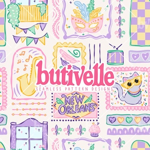 May include: A seamless pattern design featuring New Orleans-themed illustrations. The design includes a saxophone, a mask, fleur-de-lis, a cat wearing glasses, and the text "New Orleans". The color palette includes pink, purple, yellow, and green.