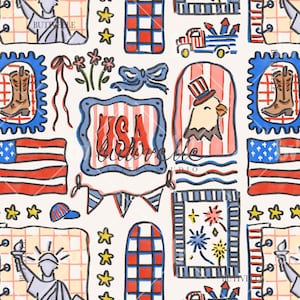May include: A repeating pattern featuring patriotic imagery in red, white, and blue. The design includes American flags, cowboy boots, fireworks, stars, and the text "USA". The overall theme is a celebration of American patriotism.