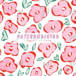 May include: Seamless pattern featuring pink watercolor flowers with red outlines and green leaves on a white background. The text "PATTERNDIGIDO SEAMLESS PATTERN" is displayed in the center of the image.