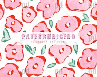 Watercolor Ditsy Floral Seamless Pattern, Flower, Red, Pink, Preppy, Grandmillenial, Fabric, Handdrawn, Wallpaper, Digital Download, T0825
