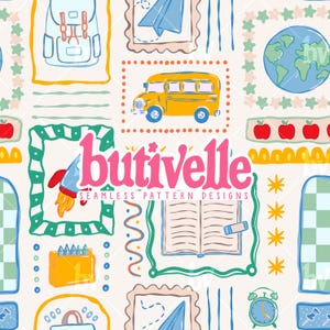 May include: A repeating seamless pattern design with school-related illustrations. The design includes a yellow school bus, a rocket, a globe, apples, a backpack, and the text "butivelle seamless pattern designs".