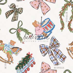 May include: A seamless pattern illustration featuring brown teddy bears playing drums, rocking horses, green pine branches with red berries, and various bows in plaid and polka dot prints. The text BUTIVELLE PATTERN STUDIO is visible.
