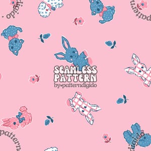 Puede incluir: Un patrón sin costuras con fondo rosa con conejos azules y rosas, un perro azul y blanco y flores rosas. El texto "SEAMLESS PATTERN by-patterndigido" está en el centro del patrón.
