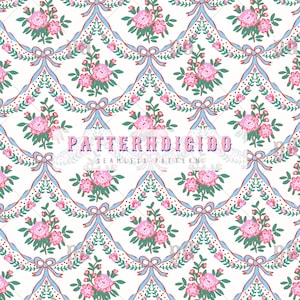 Peut inclure: Un motif sans couture avec des roses roses, des feuilles vertes et des rubans bleus sur fond blanc. Le design comprend des bouquets floraux répétés et des nœuds décoratifs, avec le texte "PATTERNDIGIDO SEAMLESS PATTERN".