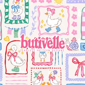 May include: A repeating pattern design with cartoon geese in frames, adorned with bows, boots, and floral details. The text "butivelle seamless pattern designs" is in pink. The background is a light cream colour.