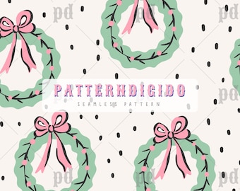 Christmas Wreath with Pink Bow Seamless Pattern, Festive, Holiday, Messy Coquette, Ribbon, Hand Drawn, No AI, Digital Download, T0774