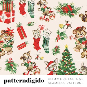 Motivo natalizio vintage senza soluzione di continuità, carta da regalo invernale retrò, animali anni '60, download digitale, T0484