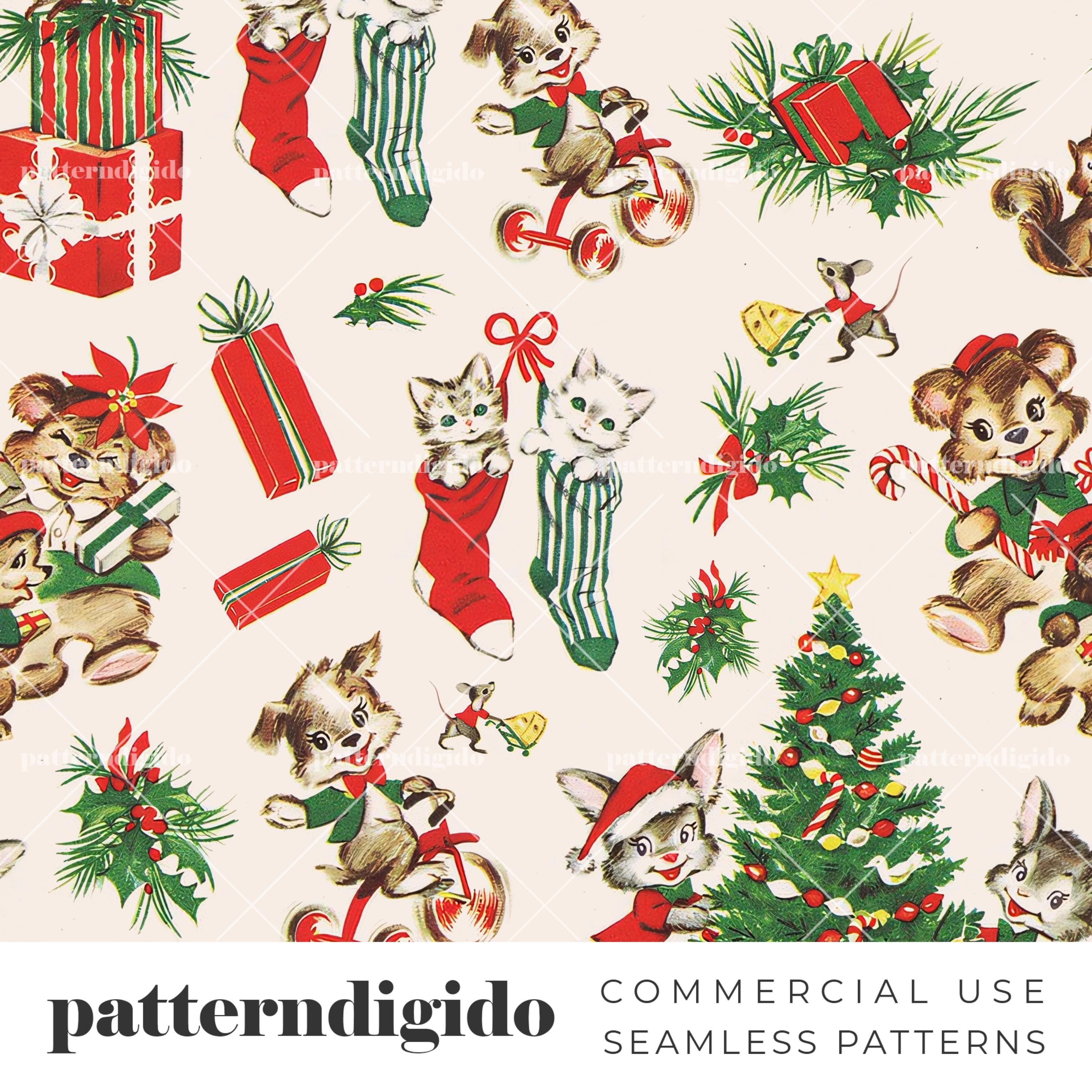 Vintage Christmas Seamless Pattern, Retro Winter Wrapping Paper ca. 1960s Animals Digital Download, T0484