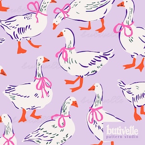 May include: A repeating pattern of white geese with purple accents and orange feet. Each goose wears a pink bow around its neck. The background is a light purple color. The words "butivelle pattern studio" are in the bottom right corner.