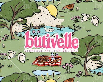 Picnic Bunny Seamless Pattern – Cute Spring Landscape Repeat Design, Cottagecore, Easter, Nursery, Digital Download, T0943, Trending Now