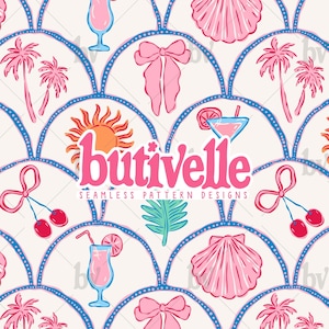 Preppy Summer Seamless Pattern File, Seashell, Bow, Ribbon, Coquette, Cherry, Handdrawn, Scallop, Digital Download, Commercial Use, T0740