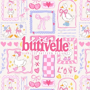 May include: Seamless pattern design featuring cartoon geese in pink frames, bows, hearts, and the text "butivelle SEAMLESS PATTERN DESIGNS" in pink. The overall color scheme is pastel pink, blue, and yellow on a cream background.
